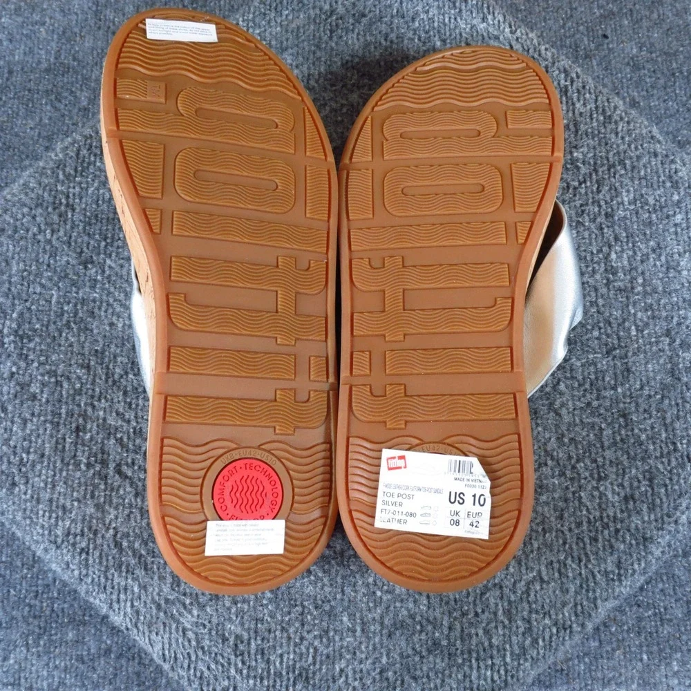 FitFlop F-Mode Women Toe Post Sandal Size 10 Summer Platform Silver Leather